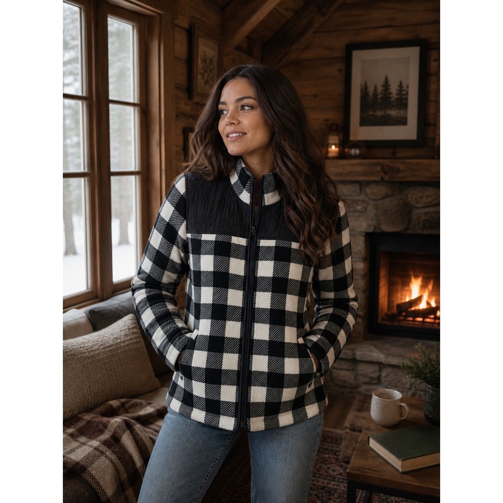 Talbots Buffalo Plaid Jacket M Black White Quilted Zip Cozy Cabin Fall Winter